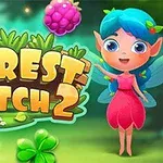 파란 머리를 가진 요정 캐릭터가 오른쪽에 있고, 커다란 FOREST MATCH 2 텍스트가 숲 배경 앞에 있는 이미지
