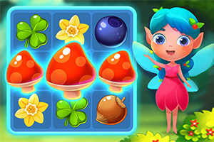 파란 머리와 날개가 있는 요정이 버섯, 네잎 클로버, 꽃 등이 채워진 블록 퍼즐 옆에 서 있다