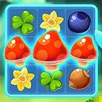 파란 머리와 날개가 있는 요정이 버섯, 네잎 클로버, 꽃 등이 채워진 블록 퍼즐 옆에 서 있다