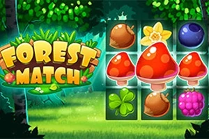 숲속 배경에 빨간 버섯, 클로버, 열매 등이 담긴 퍼즐 블록과 FOREST MATCH라는 글자가 있는 이미지