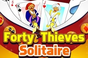 화려한 의상을 입은 두 카드 캐릭터와 Forty Thieves Solitaire라는 텍스트가 있는 이미지