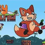 만화 스타일의 여우가 보석과 체리를 들고 뛰고 있는 장면과 나무, 새, 구름이 있는 배경