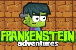 만화 스타일의 초록색 괴물과 Frankenstein adventures라는 텍스트가 벽돌 배경 앞에 있습니다