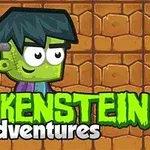 만화 스타일의 초록색 괴물과 Frankenstein adventures라는 텍스트가 벽돌 배경 앞에 있습니다