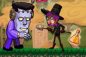 무덤 앞에서 보라색 괴물과 검은 옷을 입은 사람이 삽과 물약을 들고 있는 장면