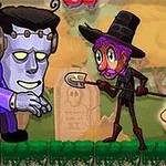 무덤 앞에서 보라색 괴물과 검은 옷을 입은 사람이 삽과 물약을 들고 있는 장면