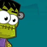 초록색 피부의 만화 스타일 괴물 캐릭터가 파란 배경 앞에 서 있는 모습