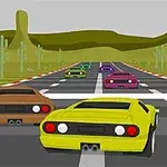 노란색과 갈색 스포츠카가 선두에서 레이스를 펼치고 있는 사막 배경의 트랙