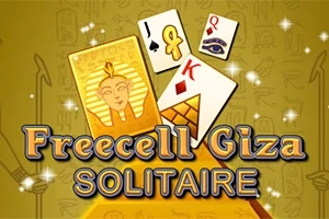 이집트 테마의 카드와 함께 Freecell Giza Solitaire 텍스트가 있는 이미지