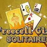 이집트 테마의 카드와 함께 Freecell Giza Solitaire 텍스트가 있는 이미지