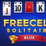 푸른 배경에 카드 게임과 금색 트로피가 있는 FREECELL SOLITAIRE와 BLUE라는 텍스트가 중앙에 표시되어 있습니다