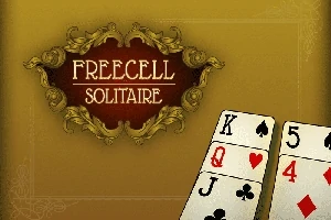 베이지 색 배경에 고풍스러운 장식과 FREECELL SOLITAIRE라는 문구가 있으며, 오른쪽 하단에 카드가 일부 보입니다