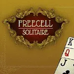 베이지 색 배경에 고풍스러운 장식과 FREECELL SOLITAIRE라는 문구가 있으며, 오른쪽 하단에 카드가 일부 보입니다