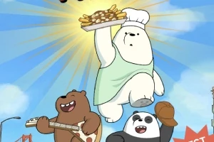 만화 스타일의 곰 세 마리가 하늘을 배경으로 각각 음식과 악기를 들고 뛰어오르는 장면