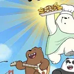 만화 스타일의 곰 세 마리가 하늘을 배경으로 각각 음식과 악기를 들고 뛰어오르는 장면