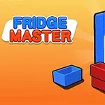 파란색 냉장고가 열려 있고 옆에 파란색과 빨간색 바구니가 놓여 있는 장면