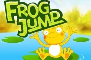 연못 위에 떠 있는 연잎들 사이에서 웃고 있는 노란 개구리와 큰 글씨로 FROG JUMP라는 글자가 있는 이미지