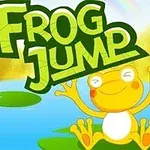 연못 위에 떠 있는 연잎들 사이에서 웃고 있는 노란 개구리와 큰 글씨로 FROG JUMP라는 글자가 있는 이미지