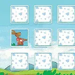 열두 개의 카드가 정렬된 가운데 두 장의 카드가 뒤집혀 다양한 그림이 보이며, 배경에는 파란 하늘과 언덕이 있습니다