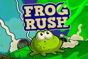 녹색 개구리가 앞에 있고, 배경에는 하늘과 토네이도 모양의 흰 구름이 있으며, 상단에 FROG RUSH라고 쓰여 있습니다