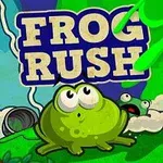 녹색 개구리가 앞에 있고, 배경에는 하늘과 토네이도 모양의 흰 구름이 있으며, 상단에 FROG RUSH라고 쓰여 있습니다