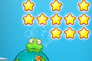 파란 배경 위에 별들이 배열되어 있고, 초록색 개구리가 투명한 구 위에 앉아 있다