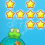 파란 배경 위에 별들이 배열되어 있고, 초록색 개구리가 투명한 구 위에 앉아 있다