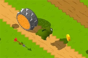 녹색 생물체가 길 위에서 커다란 톱니바퀴와 금색 동전 옆을 지나가는 장면