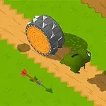 녹색 생물체가 길 위에서 커다란 톱니바퀴와 금색 동전 옆을 지나가는 장면