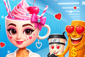 아이스크림 모양 머리에 장식이 있는 여자 캐릭터와 하트 모양 눈을 가진 나무 캐릭터, 만화 스타일의 복도 배경