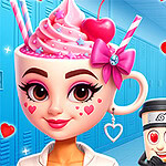 아이스크림 모양 머리에 장식이 있는 여자 캐릭터와 하트 모양 눈을 가진 나무 캐릭터, 만화 스타일의 복도 배경