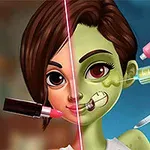 한쪽 얼굴은 정상적인 피부 톤을 가진 소녀가 다른 쪽 얼굴은 녹색 피부로 다양한 미용 도구들이 얼굴에 사용되고 있는 모습