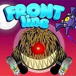 붉은 배경에 달과 외계 비행체가 떠 있는 하늘 아래 한쪽 눈의 거대 괴물과 FRONT line 텍스트가 있는 이미지