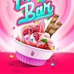 핑크색과 하얀색 줄무늬 배경에 과일과 초콜릿 스틱으로 장식된 핑크색 아이스크림 컵이 있으며, 그 위로 형형색색의 캔디가 흩어져 있다