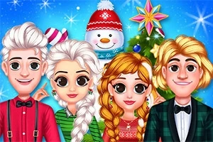 네 명의 만화 캐릭터가 크리스마스 배경 앞에서 미소를 짓고 있으며, 뒤에는 눈사람과 장식된 크리스마스 트리가 있습니다