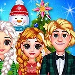 네 명의 만화 캐릭터가 크리스마스 배경 앞에서 미소를 짓고 있으며, 뒤에는 눈사람과 장식된 크리스마스 트리가 있습니다