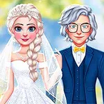 신부의 드레스와 베일을 입은 금발의 여성과 안경을 쓴 회색 머리 남성이 결혼 사진에서 함께 포즈를 취하고 있는 장면