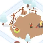 눈 덮인 겨울 배경 속 캠프파이어와 나무 울타리, 그리고 산책 중인 사람