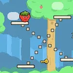 나무와 떠다니는 발판, 열쇠, 별, 그리고 딸기 모습이 있는 픽셀 아트 스타일의 이미지