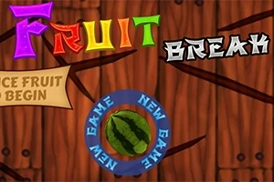 다채로운 나무 배경 위에 FRUIT BREAK라는 화려한 글자와 과일 그림, NEW GAME 버튼이 있는 이미지