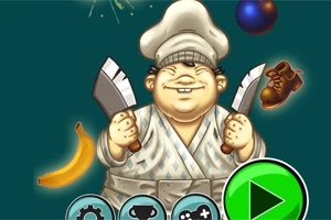 요리사 복장을 한 남성이 두 개의 식칼을 들고 있고, 주변에 바나나, 운동화, 공이 떠 있는 장면