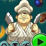 요리사 복장을 한 남성이 두 개의 식칼을 들고 있고, 주변에 바나나, 운동화, 공이 떠 있는 장면