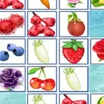 다양한 과일과 꽃 그림이 그려진 타일들이 바다 배경 위에 배열된 이미지