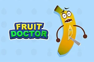 바나나 캐릭터가 칼로 잘리고 있는 모습과 FRUIT DOCTOR라는 글자가 있는 이미지