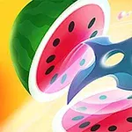 노란 배경 앞에서 수리검에 의해 반으로 잘린 수박