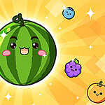 웃는 얼굴을 한 수박과 여러 과일 캐릭터들이 노란 배경 위에 있는 귀여운 일러스트