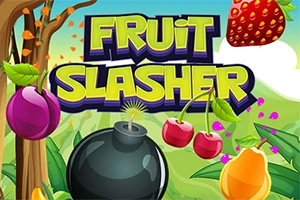 나무와 다양한 과일, 폭탄이 있는 만화 스타일의 배경에 FRUIT SLASHER라는 글자가 있습니다