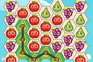 과일 캐릭터가 있는 육각형 타일로 구성된 퍼즐 보드