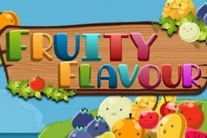 나무 간판 위의 알록달록한 FRUITY FLAVOUR 문자와 웃는 표정의 다양한 과일 캐릭터가 배치되어 있습니다