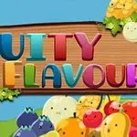 나무 간판 위의 알록달록한 FRUITY FLAVOUR 문자와 웃는 표정의 다양한 과일 캐릭터가 배치되어 있습니다